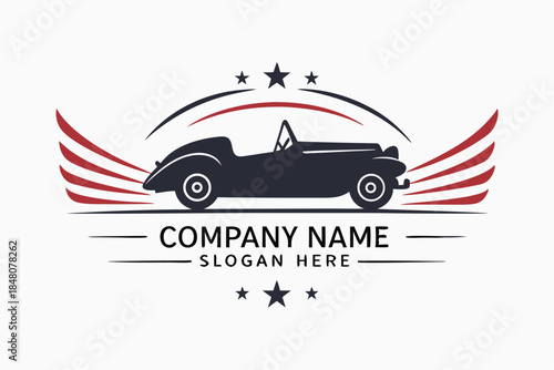 Vintage Car Silhouette with Wings and Stars in Red, Black, and White Design Style