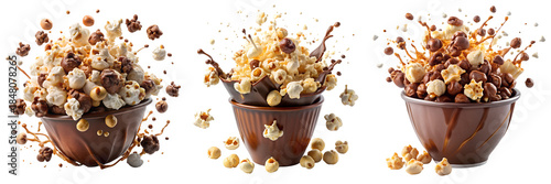 Set of Popcorn chocolate flavor with splash isolated on a transparent background