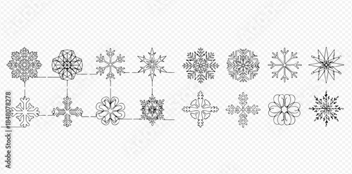 Set of various intricate snowflake and floral design elements in black and white line art style.