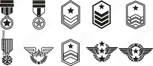 Collection of military rank insignia medals and award emblems symbolizing honor service and achievement on a transparent background