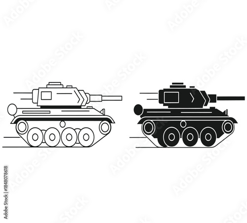 A black and white illustration depicting two distinct tank designs both viewed from a side perspective showcasing their armored forms and track systems