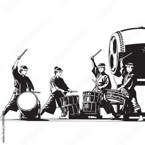 Traditional drum ensemble performance featuring multiple drummers in a cultural showcase.