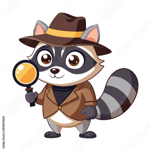 Cartoon Raccoon Detective Wearing Hat Holding Magnifying Glass investigator mystery