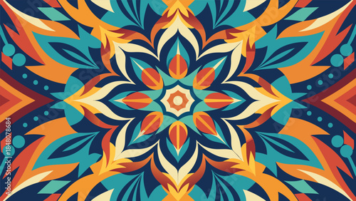 Vibrant geometric illustration with floral kaleidoscope design in shades of blue, orange, red, green, yellow, and white