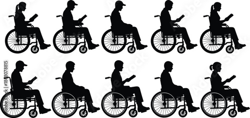 Wheelchair reading silhouettes showing men and women using books and mobile devices, accessibility, inclusion, education, and independent lifestyle concepts
