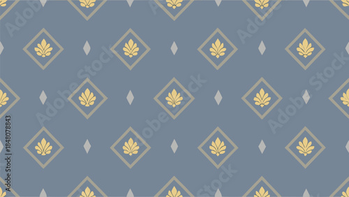 Elegant seamless pattern with golden leaf motifs in diamond shape frames on a calming muted blue background, creating a sophisticated textile
