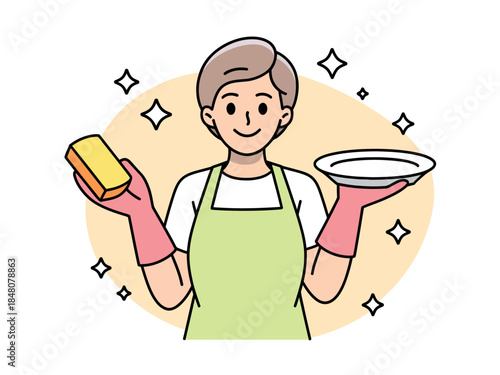 Cartoon housekeeper holding sponge plate