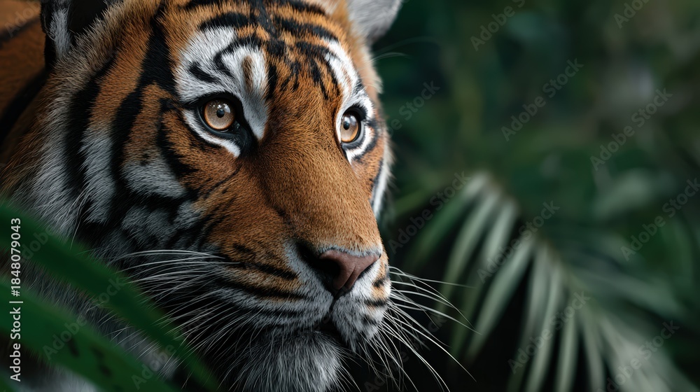 Obraz premium Bengal Tiger Close-Up in Jungle with Focused Gaze