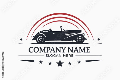 Vintage Car Silhouette with Red Arcs, Five Stars, and Customizable Text Area, Simple Design