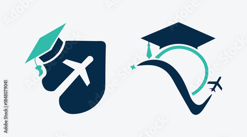 Global abroad travel Logo with Graduate Cap and Airplane for Study Abroad or Online Learning vector template