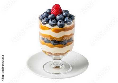 Layered Berry Dessert Parfait with Cream and Caramel Isolated on Black