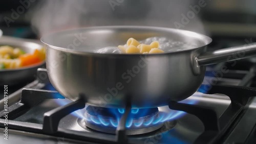 Cooking Vegetables in a Pan on Stove.