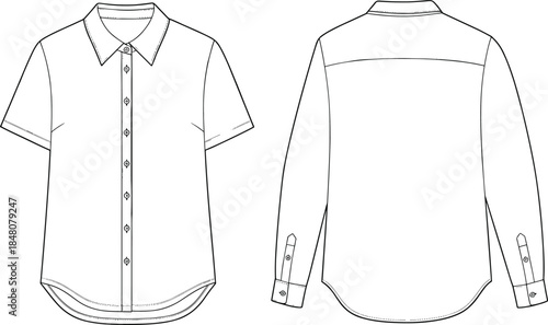 CAD drawing flat vector illustration of classic button-down shirt front and back view, technical fashion sketch apparel design template