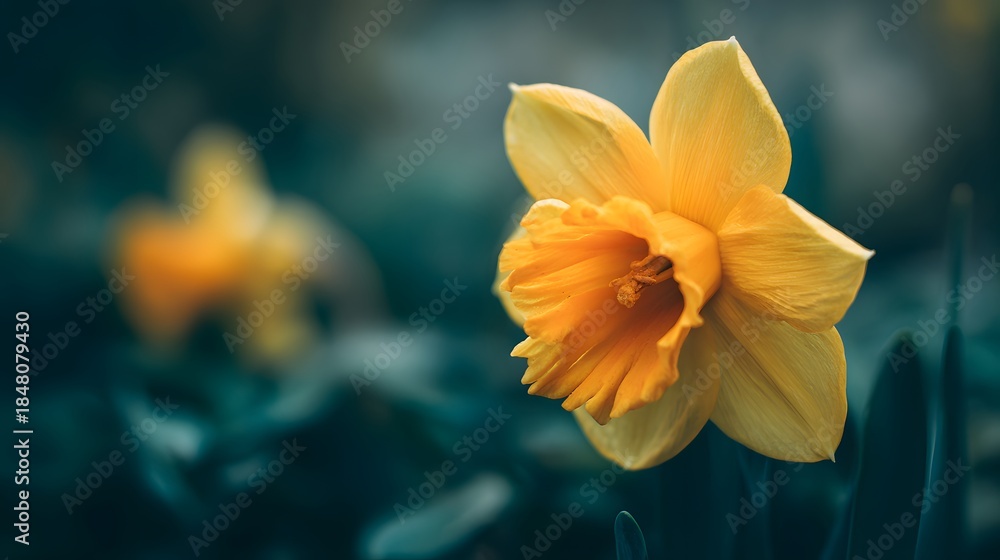 Fototapeta premium Bright yellow spring blossom stands out against a dark, cool background