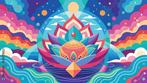 Vibrant illustration of a lotus flower surrounded by colorful clouds, waves, and celestial elements in psychedelic style
