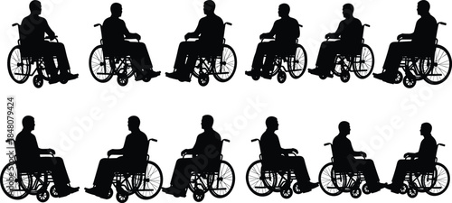 Wheelchair user silhouette collection showing people with disabilities, mobility support, accessibility, inclusive design, healthcare awareness, and independent living concepts