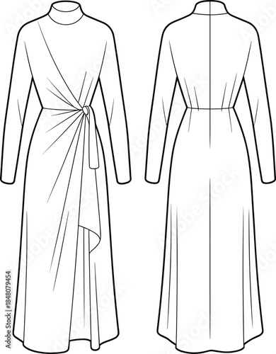 CAD drawing flat vector illustration of draped tie waist dress with high neck, long sleeves, and asymmetrical front overlay skirt