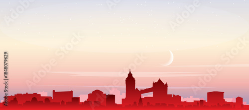 Red panoramic poster of the city skyline with misty background buildings, sunrise, moon and clouds of LONDON, UNITED KINGDOM