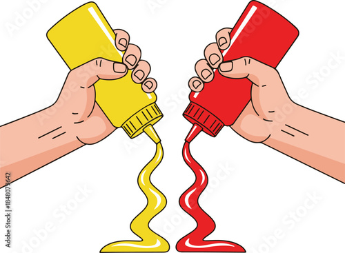 Hands squeezing ketchup and mustard bottles, vibrant cartoon vector illustration