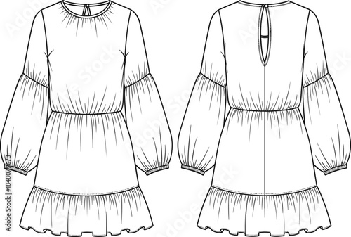 Cad drawing flat vector illustration of long sleeve ruffle mini dress with elastic waist, crew neck, keyhole back, technical fashion sketch