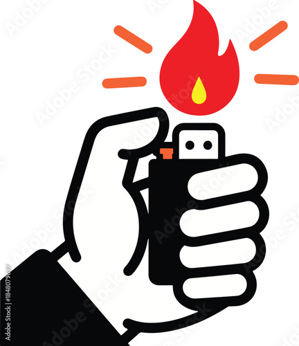 Hand holding a lit lighter, bold flat vector illustration