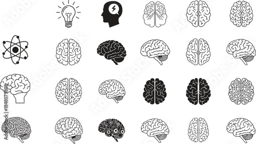 Creative collection of diverse human brain and idea icons for science and thought concepts