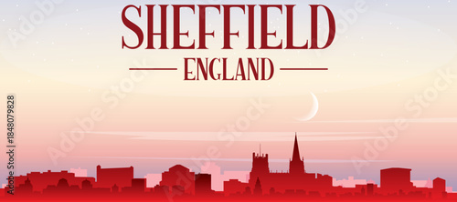Red panoramic poster of the city skyline with misty background buildings, sunrise, moon and clouds of SHEFFIELD, UNITED KINGDOM