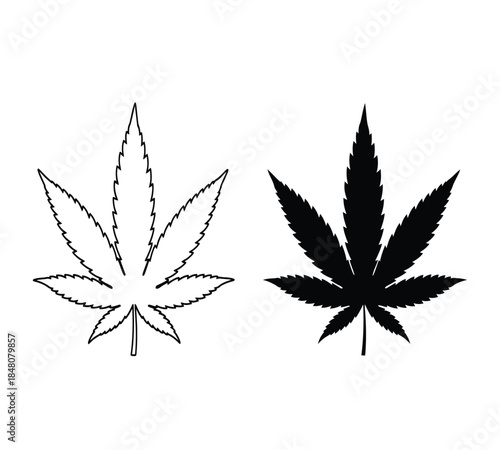 A simple black and white illustration depicts two cannabis leaves one outlined and the other fully shaded conveying a botanical representation
