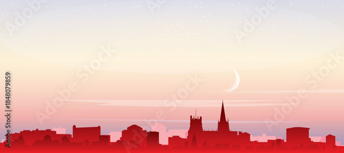 Red panoramic poster of the city skyline with misty background buildings, sunrise, moon and clouds of SHEFFIELD, UNITED KINGDOM
