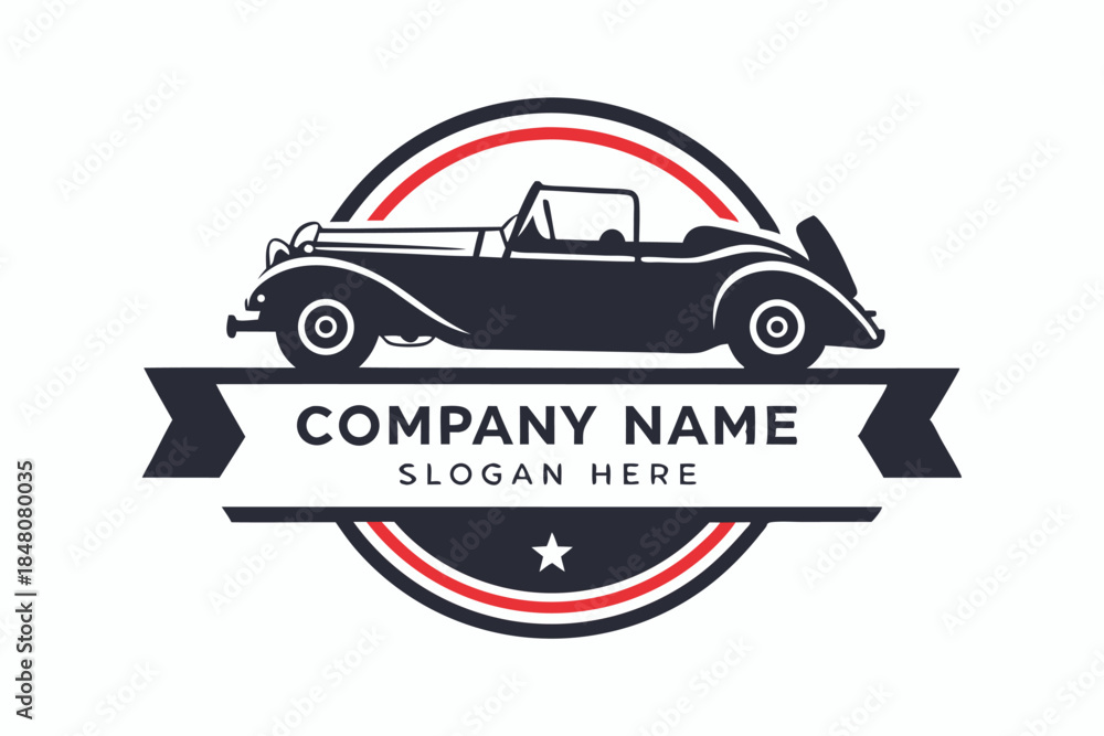 Obraz premium Vintage Classic Car Silhouette, Emblem, Decorative Circle, Company Ribbon, Retro Vehicle