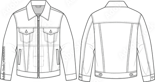 Cad drawing flat vector illustration of men's denim jacket with zipper front, chest pockets, long sleeves, detailed fashion technical sketch