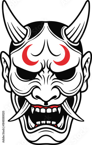 A fierce Oni demon mask with sharp horns, red crescent markings, and bared fangs, intense and traditional vector illustration

