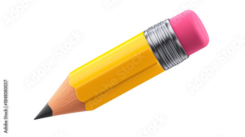 Yellow 3D pencil with pink eraser for education and creative writing design concepts.

