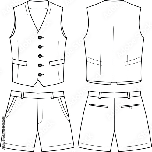 CAD drawing flat vector illustration of men's formal vest and tailored shorts set, technical fashion sketch front and back views