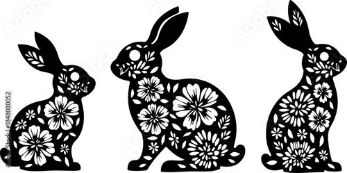 Floral Bunny Silhouette SVG Bundle – Cute Rabbit with Flower Pattern, Spring Easter Cut Files
