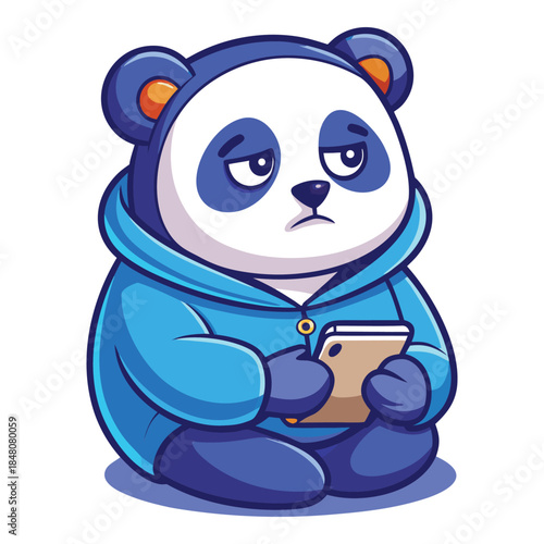 Sad Cartoon Panda Wearing Blue Hoodie Holding Tablet Computer unhappy bored