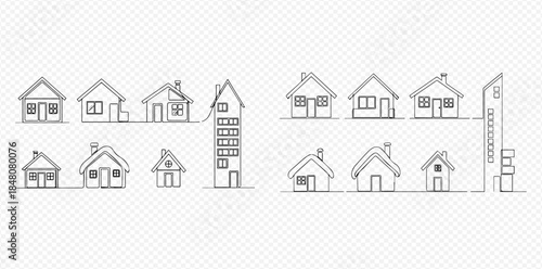 Continuous line drawing of various house and building icons on a white background.