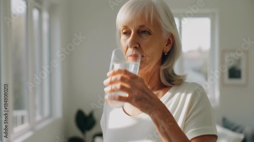 Elderly Woman Taking Medication with Water.
