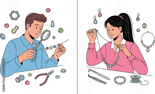 Illustration of man and woman making handmade jewelry, creating beaded necklaces and bracelets with tools, DIY crafting hobby scene