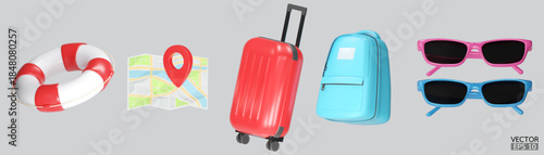 3D Realistic summer and travel tourism icons set. Luggage, sunglasses, lifebuoy, suitcases,map pin, travel bags 3D vector illustration.
