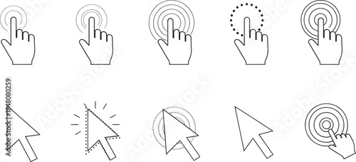 Diverse collection of modern outline user interface icons depicting various cursor and click actions for web and app design