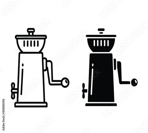 a minimalist illustration showcases two vintage coffee grinders one in a white outline style and the other in solid black side by side