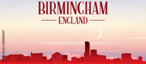 Red panoramic poster of the city skyline with misty background buildings, sunrise, moon and clouds of BIRMINGHAM, UNITED KINGDOM