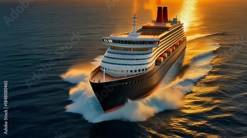 Cruise Ship Sailing Through Calm Waters at Sunset.