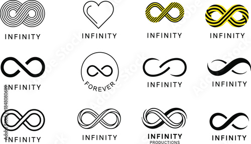 Infinity logo design collection, abstract infinity symbols, creative endless icons, loop sign art, eternal figure templates, graphic vector illustration