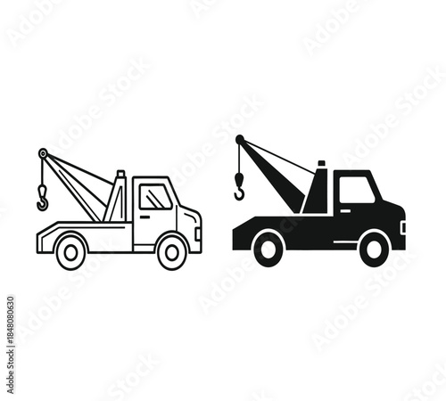 A simple illustration depicts two black and white tow trucks in profile showcasing vehicle recovery and roadside assistance services