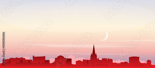 Red panoramic poster of the city skyline with misty background buildings, sunrise, moon and clouds of BRISTOL, UNITED KINGDOM