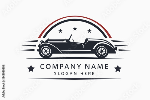 Vintage Car Silhouette Logo with Stars and Arcs in Navy and Red on White Backdrop