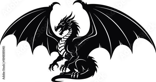 Black dragon with wings spread mythical creature fantasy dragon, black, wings, mythical creature, fantasy, silhouette, claws, scales, mythology, legend, creature, beast, monster, white background, spr