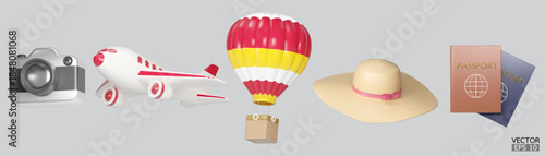 3D Realistic summer and travel tourism icons set. Camera, airplane, balloon, passport, hat.  3D vector illustration.